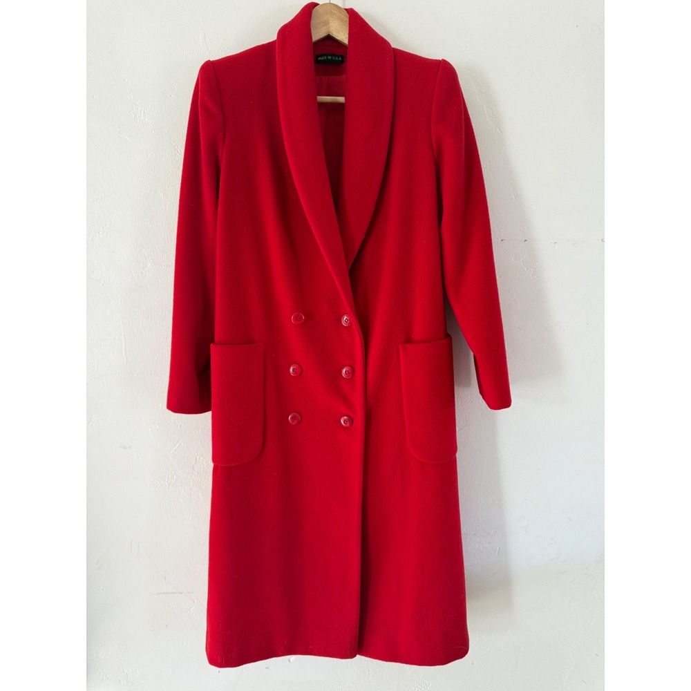 Vintage I Magnin Ethel Pear One Up Red Wool Shawl Collar Double Breasted Coat